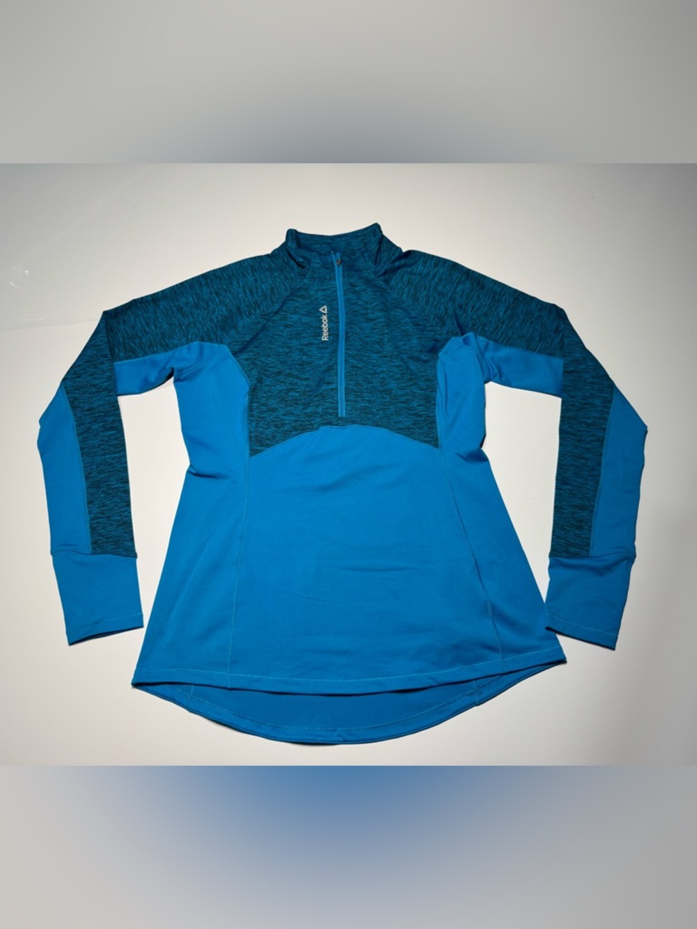 Reebok 1/4 Zip Pullover Blue Long Sleeve Mock V Neck  Athletic Stretch Sz Large